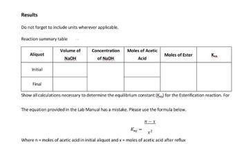 Results
Do not forget to include units wherever applicable.
Reaction summary table
Volume of
Aliquot
Concentration
of NaOH
Moles of Acetic
Acid
Moles of Ester
Kent
NaOH
Initial
Final
Show all calculations necessary to determine the equilibrium constant (Kg) for the Esterification reaction. For
The equation provided in the Lab Manual has a mistake. Please use the formula below.
n-x
Keq
Where n = moles of acetic acid in initial aliquot and x = moles of acetic acid after reflux