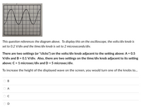 **Diagram Analysis:**

The diagram is a waveform displayed on an oscilloscope grid. The waveform appears as a sine wave with peaks and troughs repeating at regular intervals across the grid.

**Transcribed Text for Educational Website:**

This question references the diagram above. To display this on the oscilloscope, the volts/div knob is set to 0.2 V/div and the time/div knob is set to 2 microseconds/div.

There are two settings (or "clicks") on the volts/div knob adjacent to the setting above: A = 0.5 V/div and B = 0.1 V/div. Also, there are two settings on the time/div knob adjacent to its setting above: C = 1 microsec/div and D = 5 microsec/div.

To increase the height of the displayed wave on the screen, you would turn one of the knobs to...

- ○ B
- ○ A
- ○ C
- ○ D