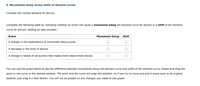 6. Movements along versus shifts of demand curves
Consider the market demand for donuts.
Complete the following table by indicating whether an event will cause a movement along the demand curve for donuts or a shift of the demand
curve for donuts, holding all else constant.
Event
Movement Along
Shift
A change in the expectations of consumers about prices
A decrease in the price of donuts
A change in tastes of consumers that makes them desire more donuts
You can use the graph below to see the difference between movements along the demand curve and shifts of the demand curve. Select and drag the
point or the curve to the desired position. The point and the curve will snap into position, so if you try to move one and it snaps back to its original
position, just drag it a little farther. You will not be graded on any changes you make to this graph.
