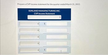 Prepare a CVP income statement for the quarter ended March 31, 2022.
SUNLAND MANUFACTURING INC.
CVP Income Statement