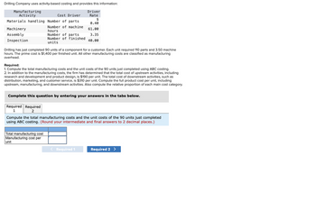 Drilling Company uses activity-based costing and provides this information:
Driver
Rate
$
0.40
61.00
3.35
40.00
Manufacturing
Activity
Cost Driver
Materials handling Number of parts
Number of machine
hours
Number of parts
Number of finished.
units
Machinery
Assembly
Inspection
Drilling has just completed 90 units of a component for a customer. Each unit required 110 parts and 3.50 machine
hours. The prime cost is $1,400 per finished unit. All other manufacturing costs are classified as manufacturing
overhead.
Required:
1. Compute the total manufacturing costs and the unit costs of the 90 units just completed using ABC costing.
2. In addition to the manufacturing costs, the firm has determined that the total cost of upstream activities, including
research and development and product design, is $190 per unit. The total cost of downstream activities, such as
distribution, marketing, and customer service, is $310 per unit. Compute the full product cost per unit, including
upstream, manufacturing, and downstream activities. Also compute the relative proportion of each main cost category.
Complete this question by entering your answers in the tabs below.
Required Required
1
2
Compute the total manufacturing costs and the unit costs of the 90 units just completed
using ABC costing. (Round your intermediate and final answers to 2 decimal places.)
Total manufacturing cost
Manufacturing cost per
unit
< Required 1
Required 2 >
