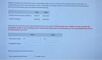 Ranger Corporation has decided to invest in renewable energy sources to meet part of its energy needs for production. It is
considering solar power versus wind power. After considering cost savings as well as incremental revenues from selling excess
electricity into the power grid, it has determined the following.
Present value of annual cash flows
Initial investment
Net present value.
Determine the net present value and profitability index of each project. (If the net present value is negative, use either a negative sign
preceding the number eg -45 or parentheses eg (45). Round present value answers to O decimal places, e.g. 125 and profitability index answers
to 2 decimal places, e.g. 15.25.)
Profitability index
Solar
$54,071
$38,900
Which energy source should it choose?
The company should choose
Solar
Wind
$132,334
$104,200
energy source.
Wind