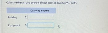 Calculate the carrying amount of each asset as at January 1, 2024.
Building
$
tA
Equipment $
Carrying amount
2