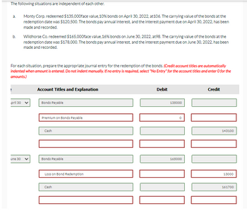 The following situations are independent of each other.
a.
b.
pril 30
Monty Corp. redeemed $135,000face value, 10% bonds on April 30, 2022, at 106. The carrying value of the bonds at the
redemption date was $120,500. The bonds pay annual interest, and the interest payment due on April 30, 2022, has been
made and recorded.
For each situation, prepare the appropriate journal entry for the redemption of the bonds. (Credit account titles are automatically
indented when amount is entered. Do not indent manually. If no entry is required, select "No Entry" for the account titles and enter o for the
amounts.)
une 30
Wildhorse Co. redeemed $165,000face value, 16% bonds on June 30, 2022, at98. The carrying value of the bonds at the
redemption date was $178,000. The bonds pay annual interest, and the interest payment due on June 30, 2022, has been
made and recorded.
Account Titles and Explanation
Bonds Payable
Premium on Bonds Payable
Cash
Bonds Payable
Loss on Bond Redemption
Cash
Debit
135000
0
10000
165000
Credit
DFODAUT
143100
13000
161700