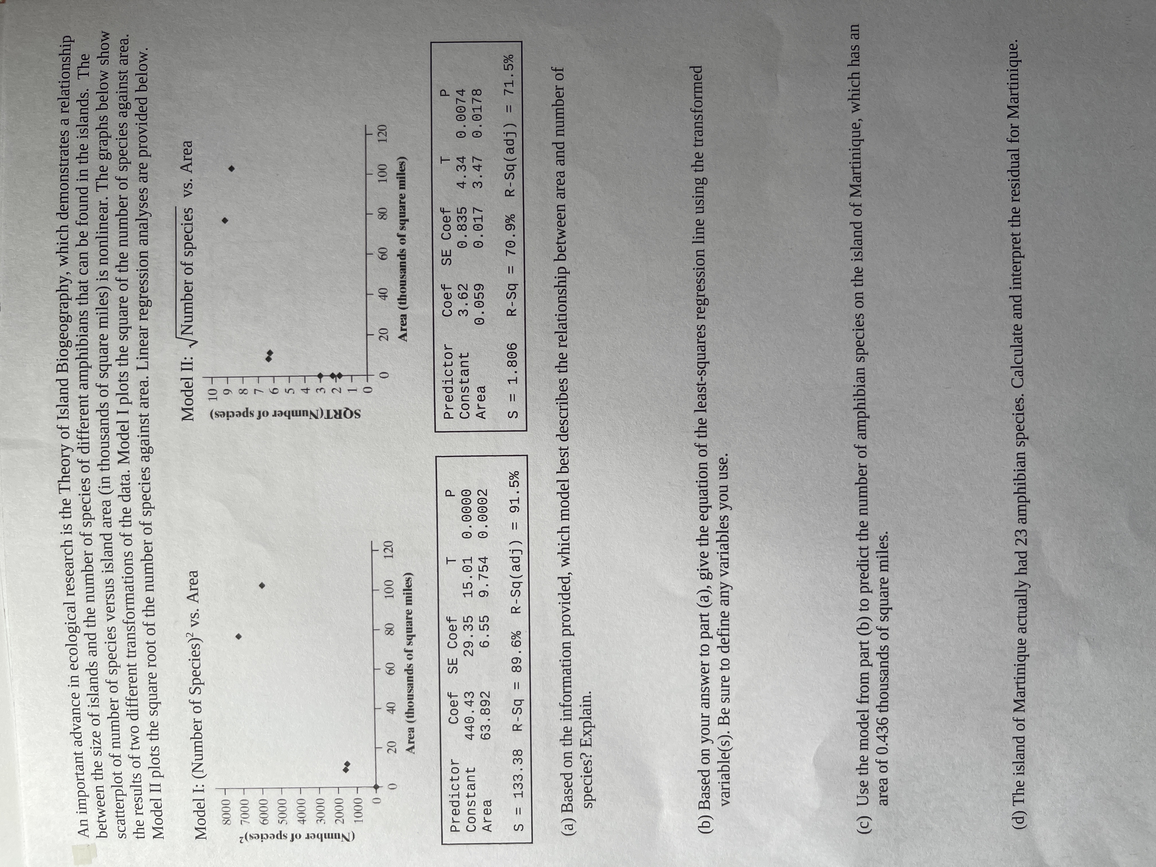 An important advance in ecological research is the Theory of Island Blogeography, which demonstrates a relationship
between the size of islands and the number of species of different amphibians that can be found in the islands, The
scatterplot of number of species versus island area (in thousands of square miles) is nonlinear. The graphs below show
the results of two different transformations of the data. Model I plots the square of the number of species against area.
Model II plots the square root of the number of species against area. Linear regression analyses are provided below.
Model II: VNumber of species vs. Area
Model I: (Number of Species)? vs. Area
10
8000
9.
ecies)
