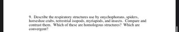 **Question 9:**

Describe the respiratory structures used by onychophorans, spiders, horseshoe crabs, terrestrial isopods, myriapods, and insects. Compare and contrast them. Which of these are homologous structures? Which are convergent?