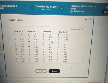 1530 Module 5
HW
<
Question 10, 4.1.39-T
>
Part 1 of 8
Data Table
HW Score: 39.29%, 5.5 of 14
points
O Points: 0 of 1
Full data set C
Data Set 1
Data Set 2
Data Set 3
Data Set 4
X
y
X
y
X
y
10
9.14
10
8.04
10
7.46
91
X
y
6
6.58
8
8.14
8
6.95
8
6.77
6
5.76
13
8.74
13
7.58
13
12.74
6
7.71
9
8.77
9
8.81
9
7.11
6
8.84
0
11
9.26
11
8.33
11
7.81
6
8.47
14
8.10
14
9.96
14
8.84
6
7.04
6
6.13
6
7.24
4
3.10
11
12
9.13
7
7.26
5
4.47
4275
4.26
12
10.84
4.82
5.68
64275
6.08
6
5.25
5.39
6
5.56
12
8.15
6
7.91
6.42
6
6.89
5.73
17
12.50
12
n 13
on 14
Print
Done
- X
Save