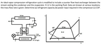 An ideal vapor compression refrigeration cycle is modified to include a counter flow heat exchanger between the
stream exiting the condenser and the evaporator. R-12 is the working fluid. Data are known at various locations;
the mass flow rate is given. Determine (a) refrigerant capacity (b) power input required in the compressor (c) COP.
20 bar
CONDENSER
2
40Ct3
1 1 bar
10C
400
20 bar
R-12
20 bar
10C
1 bar
sat.vap
-6
1
1 bar
EVAPORATOR
m=.12 kg/s
