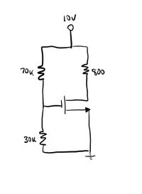 The diagram is a representation of a simple electrical circuit consisting of a power source and resistors. Below is a detailed explanation of the components and the circuit layout:

### Circuit Components:
1. **Power Source:**
   - **Voltage:** 10V is the total potential difference supplied to the circuit.

2. **Resistors:**
   - **70Ω Resistor:** Positioned on the left side of the circuit.
   - **80Ω Resistor:** Positioned on the right side, parallel to the other components.
   - **30Ω Resistor:** Positioned at the bottom, connected in series to the combination of the other resistors.

### Circuit Layout:
- The circuit is powered by a 10V source connected at the top.
- The circuit branches into a parallel setup with:
  - A 70Ω resistor on one branch.
  - An 80Ω resistor on the other branch.
- Both branches are connected at a node that leads to a grounded point (illustrated by a downward arrow pointing to a ground symbol).
- A 30Ω resistor is connected in series after the parallel branches, completing the circuit back to the power source.

### Functionality:
- This circuit can be analyzed using techniques like Ohm's Law and the rules for series and parallel resistors to determine the current through and the voltage across each component.
- The configuration allows for exploration of concepts such as voltage division, current division, and total resistance calculation.

This circuit exemplifies basic principles in electrical engineering and physics, useful for educational purposes and introductory studies in circuit analysis.