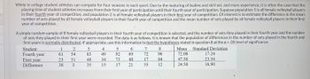 ### Analysis of Volleyball Players' Performance Over Their Collegiate Careers

**Overview:**
In college sports, student-athletes have the opportunity to compete across four seasons. As athletes mature physically and develop their skills further through experience, it is generally observed that their playing time increases from their first year to their fourth year. This study focuses on comparing the number of sets played by female volleyball players in their first and fourth years of competition.

**Population Definitions:**
- **Population 1:** All female volleyball players in their fourth year of competition.
- **Population 2:** All female volleyball players in their first year of competition.

**Objective:**
The main goal is to estimate the difference in the mean number of sets played by all female volleyball players in their fourth year compared to their first year.

**Methodology:**
A simple random sample of 8 female volleyball players was selected. For each player, the number of sets played in their first and fourth years were recorded. The data collected is assumed to follow a normal distribution.

**Data:**
The table below presents the number of sets played by each student in their first and fourth years, including the respective means and standard deviations.

| Student | Fourth Year | First Year | Difference |
|---------|-------------|------------|------------|
| 1       | 61          | 23         | 38         |
| 2       | 54          | 51         | 3          |
| 3       | 83          | 48         | 35         |
| 4       | 49          | 34         | 15         |
| 5       | 92          | 75         | 17         |
| 6       | 69          | 48         | 21         |
| 7       | 72          | 17         | 55         |
| 8       | 96          | 84         | 12         |

|          | Mean       | Standard Deviation |
|----------|------------|---------------------|
| Fourth year | 72.00      | 17.24               |
| First year  | 47.50      | 23.34               |
| Difference  | 24.50      | 16.90               |

**Interpreting the Data:**
- **Mean Values:** Athletes in their fourth year played more sets (mean of 72.00) compared to their first year (mean of 47