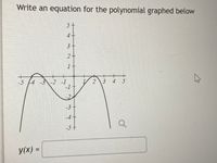 Write an equation for the polynomial graphed below
5+
4+
3+
2+
1+
+
-5 4 -3-2 -1
-1
2\3 4 5
-3-
-4+
-5+
y(x) =
%3D
