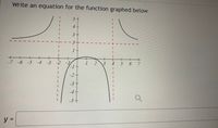 **Assignment: Write an Equation for the Function Graphed Below**

The image displays a graph with a function, and the task is to formulate an equation that represents this function. 

### Graph Description:
- **Axes and Asymptotes:**
  - The graph is centered with x-axis ranging from -7 to 7 and the y-axis spanning from -5 to 5.
  - There are red dashed lines indicating asymptotes at x = -1, x = 3, and y = 2. These asymptotes indicate points where the graph approaches but never touches or crosses these lines.

- **Function Behavior:**
  - The function has two separate parts: 
    - A portion on the left side is approaching the asymptotes at x = -1 and y = 2.
    - A portion on the right side is approaching the asymptotes at x = 3 and y = 2.
  - In the middle, between x = -1 and x = 3, there is a smooth curve, resembling a parabola opening downwards, stretching from approximately the point (-1, 2) to (3, 2) and reaching a minimum point at (1, -4).

### Mathematical Analysis:
1. **Asymptotes and Symmetry:**
   - The vertical asymptotes at x = -1 and x = 3 suggest that the function has undefined points (likely due to division by zero in a rational function).
   - The horizontal asymptote at y = 2 suggests that as x approaches ±∞, y approaches 2.

2. **Equation Insight:**
   - The parabola-like behavior and asymptotes imply that the function might be a rational function of the form \( y = \frac{ax^2 + bx + c}{dx^2 + ex + f} + g \).
   - Given vertical asymptotes, likely factors are in the denominator such as \( (x + 1)(x - 3) \).

### Conclusion:
Based on the given information, an equation for this function likely involves a rational expression considering the asymptotes and the shape, such as:
\[ y = \frac{A}{(x + 1)(x - 3)} + 2 \]

Students are encouraged to utilize critical points and properties such as asymptotes and intervals to further refine the equation. Solutions will vary depending on specific values determined by