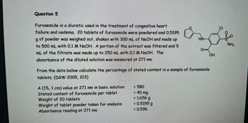 Question 5
Furosemide is a diuretic used in the treatment of congestive heart
failure and oedema. 20 tablets of furosemide were powdered and 0.5195
g of powder was weighed out, shaken with 300 mL of NaOH and made up
to 500 mL with 0.1 M NaOH. A portion of the extract was filtered and 5
mL of the filtrate was made up to 250 mL with 0.1 M NaOH. The
absorbance of the diluted solution was measured at 271 nm.
A (1%, 1 cm) value at 271 nm in basic solution
Stated content of furosemide per tablet
Weight of 20 tablets
Weight of tablet powder taken for analysis
Absorbance reading at 271 nm
From the data below calculate the percentage of stated content in a sample of furosemide
tablets. (DGW 2005, 103)
= 580
HN
40 mg
1.656 g
= 0.5195 g
= 0,596
OH
CI
/
NH₂