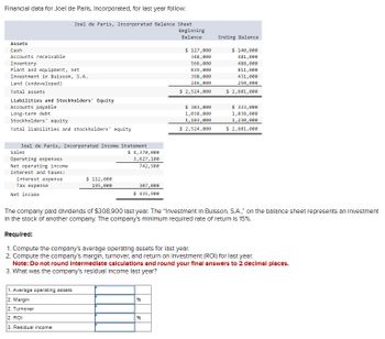 Financial data for Joel de Paris, Incorporated, for last year follow.
Joel de Paris, Incorporated Balance Sheet
Assets
Cash
Accounts receivable
Beginning
Balance
$ 127,000
348,000
Ending Balance
$ 140,000
481,000
Inventory
Plant and equipment, net
Investment in Buisson, S.A.
Land (undeveloped)
Total assets
Liabilities and Stockholders' Equity
Accounts payable
Long-term debt
Stockholders' equity
Total liabilities and stockholders' equity
566,000
839,000
398,000
246,000
$ 2,524,000
488,000
811,000
431,000
250,000
$ 383,000
1,038,000
1,103,000
$ 2,524,000
$ 2,601,000
$ 333,000
1,038,000
1,230,000
$ 2,601,000
Joel de Paris, Incorporated Income Statement
$ 4,370,000
Sales
Operating expenses
Net operating income
Interest and taxes:
Interest expense
Tax expense
Net income
$ 112,000
195,000
3,627,100
742,900
307,000
$ 435,900
The company paid dividends of $308,900 last year. The "Investment In Buisson, S.A.," on the balance sheet represents an Investment
In the stock of another company. The company's minimum required rate of return is 15%.
Required:
1. Compute the company's average operating assets for last year.
2. Compute the company's margin, turnover, and return on Investment (ROI) for last year.
Note: Do not round Intermediate calculations and round your final answers to 2 decimal places.
3. What was the company's residual Income last year?
1. Average operating assets
2. Margin
2. Turnover
2. ROI
3. Residual income
%
96