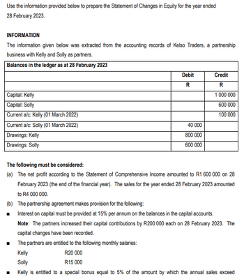 Use the information provided below to prepare the Statement of Changes in Equity for the year ended
28 February 2023.
INFORMATION
The information given below was extracted from the accounting records of Kelso Traders, a partnership
business with Kelly and Solly as partners.
Balances in the ledger as at 28 February 2023
Capital: Kelly
Capital: Solly
Current a/c: Kelly (01 March 2022)
Current a/c: Solly (01 March 2022)
Drawings: Kelly
Drawings: Solly
Debit
R
40 000
800 000
600 000
Credit
R
1 000 000
600 000
100 000
The following must be considered:
(a) The net profit according to the Statement of Comprehensive Income amounted to R1 600 000 on 28
February 2023 (the end of the financial year). The sales for the year ended 28 February 2023 amounted
to R4 000 000.
(b) The partnership agreement makes provision for the following:
Interest on capital must be provided at 15% per annum on the balances in the capital accounts.
Note: The partners increased their capital contributions by R200 000 each on 28 February 2023. The
capital changes have been recorded.
The partners are entitled to the following monthly salaries:
Kelly
R20 000
Solly
R15 000
Kelly is entitled to a special bonus equal to 5% of the amount by which the annual sales exceed