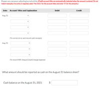 Prepare any necessary adjusting journal entries. (Credit account titles are automatically indented when the amount is entered. Do not
indent manually. If no entry is required, select "No Entry" for the account titles and enter "O" for the amounts.)
Date Account Titles and Explanation
Debit
Credit
Aug. 31
(To correct error and record cash receipts)
Aug. 31
(To record NSF cheque & bank charge expense)
What amount should be reported as cash on the August 31 balance sheet?
Cash balance on the August 31, 2021
$
%24
>
