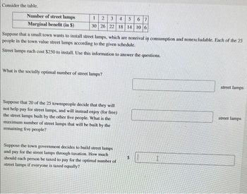 Consider the table.
Number of street lamps
Marginal benefit (in $)
123
4 5 6 7
30 26 22 18 14 10 6
Suppose that a small town wants to install street lamps, which are nonrival in consumption and nonexcludable. Each of the 25
people in the town value street lamps according to the given schedule.
Street lamps each cost $250 to install. Use this information to answer the questions.
What is the socially optimal number of street lamps?
Suppose that 20 of the 25 townspeople decide that they will
not help pay for street lamps, and will instead enjoy (for free)
the street lamps built by the other five people. What is the
maximum number of street lamps that will be built by the
remaining five people?
Suppose the town government decides to build street lamps
and pay for the street lamps through taxation. How much
should each person be taxed to pay for the optimal number of
street lamps if everyone is taxed equally?
S
I
street lamps
street lamps