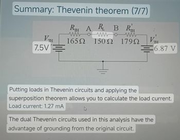 Summary: Thevenin theorem (7/7)
RH ARB R
wwwwwwwwwww
165Ω 150 Ω 179Ω
VTH
7.5V =
VTH
=6.87 V
Putting loads in Thevenin circuits and applying the
superposition theorem allows you to calculate the load current.
Load current: 1.27 mA
h
The dual Thevenin circuits used in this analysis have the
advantage of grounding from the original circuit.