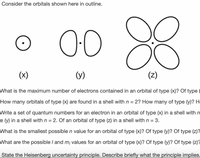 Consider the orbitals shown here in outline.
8
00
(x)
(y)
(Z)
What is the maximum number of electrons contained in an orbital of type (x)? Of type
How many orbitals of type (x) are found in a shell with n = 2? How many of type (y)? He
Write a set of quantum numbers for an electron in an orbital of type (x) in a shell with n
e (y) in a shell with n = 2. Of an orbital of type (z) in a shell with n =
3.
What is the smallest possible n value for an orbital of type (x)? Of type (y)? Of type (z)?
What are the possible / and m, values for an orbital of type (x)? Of type (y)? Of type (z)?
State the Heisenberg uncertainty principle. Describe briefly what the principle implies.
