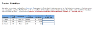 Problem 5-9A (Algo)
Using the percentage method from Appendix C calculate the federal withholding amounts for the following employees. No information
was included in any Step 4 of the W-4, all W-4s were from 2020, no box was checked in Step 2. For Calder, enter $4,000 in Step 3a in
the worksheet ($2,000 x 2 dependents). (Round your intermediate calculations and final answers to 2 decimal places.)
Employee
S. Calder
P. Singh
B. Nelson
Filing
Status
MJ
HH
MJ
Dependents
Three <17
One <17
None
Pay
Frequency
Monthly
Biweekly
Daily
Amount per
Pay Period
$
$
$
22,550
3,555
514
Federal
Income Tax