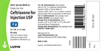 NDC 68180-644-01
For I.M. Administration: Reconstitute
Single Use Vial
with 4.2 mL 1% Lidocaine Hydrochloride
Injection (USP) or Sterile Water for
Ceftriaxone for Injection (USP). Each 1 mL of solution contains
approximately 350 mg equivalent of ceftriaxone.
For I.V. Administration: See package insert.
USUAL DOSAGE: See package insert.
Storage Prior to Reconstitution: Store
powder at 20° to 25°C (68° to 77°F) [See USP
Controlled Room Temperature].
Storage After Reconstitution: See package insert.
PROTECT FROM LIGHT
Injection USP
2 g
For I.M. or I.V. Use
Rx only
Manufactured for:
Lupin Pharmaceuticals, Inc.
Baitimore, Maryland 21202 United States
Each vial contains sterile
ceftriaxone sodium USP
equivalent to ceftriaxone 2 g.
Made in India
Code No.: GUJ/DRUGS/G/28A/3759-A
LUPIN
60827
3168180l6 4 4 01
Lot No.:
8.5 x 26 mm
:"dx3
