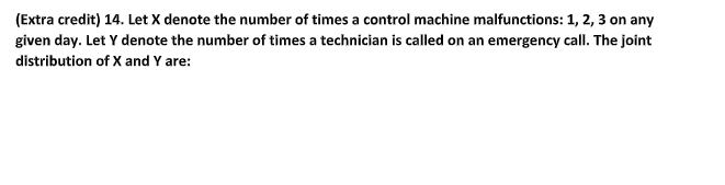 (Extra credit) 14. Let X denote the number of times a control machine malfunctions: 1, 2, 3 on any
given day. Let Y denote the number of times a technician is called on an emergency call. The joint
distribution of X and Y are:
