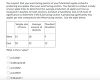 You suspect that your east-facing portion of your Macintosh apple orchard is
producing less apples than your west facing portion. You decide to conduct a study
of your apple trees to determine the average production of apples per tree as
measured in bushels for both sections. Conduct a hypothesis test at 5% level of
significance to determine if the East facing section is producing significantly less
apples per tree compared to the West facing section. Use the table below.
Sample size
Average
amount of
Standard
of trees
deviation
Bushels
West
55
28
East
50
22
12
What is the p-value?
p=0.0021
0.025<p<0.05
p=0.0042
p=0.9979
0.05<p<0.1
