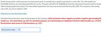 Oriole Corporation, which operates an amusement park, is considering a capital investment in a new ride. The ride would cost
$124,000 and have an estimated useful life of 5 years. The park will sell it for $68,800 at that time. (Amusement parks need to rotate
rides to keep people interested.) The ride will be expected to increase net annual cash flows by $21,200. The company's borrowing
rate is 8%. Its cost of capital is 10%.
Click here to view the factor table.
Calculate the net present value of this project to the company. (If the net present value is negative, use either a negative sign preceding the
number e.g. -45 or parentheses e.g. (45). For calculation purposes, use 5 decimal places as displayed in the factor table provided, e.g. 1.25124.
Round present value answer to O decimal places, e.g. 125.)
Net present value $