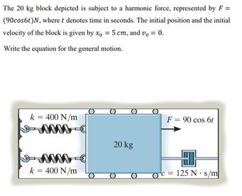 The 20 kg block depicted is subject to a harmonic force, represented by F =
(90cos6t)N, where t denotes time in seconds. The initial position and the initial
velocity of the block is given by xo = 5 cm, and v₁ = 0.
Write the equation for the general motion.
k = 400 N/m
0000
10000-
k = 400 N/m
20 kg
F = 90 cos 6t
OC 125 N s/m