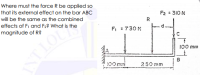 Where must the force R be applied so
that its external effect on the bar ABC
will be the same as the combined
F2 = 310 N
effects of F1 and F2? What is the
R
magnitude of R?
F, = 730 N
100 mm
TLOU
100 mri
250 mm
