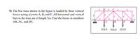5) The box truss shown in the figure is loaded by three vertical
forces acting at joints A, B, and E. All horizontal and vertical
bars in the truss are of length 2m. Find the forces in members
АВ, АС, and DC.
A
E
20 kN
50 kN
20 kN
