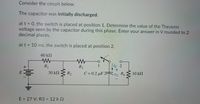 Consider the circuit below.
The capacitor was initially discharged.
at t = 0, the switch is placed at position 1. Determine the value of the Thevenin
voltage seen by the capacitor during this phase. Enter your answer in V rounded to 2
decimal places.
at t = 10 ms, the switch is placed at position 2.
60 kN
ic 2
R1
R3
30 kN
R2
C= 0.2 µF 2
UC
RA
10 kN
E = 27 V; R3 = 12 k 2
%3D
