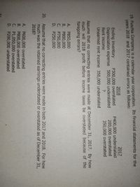 19. Fuschia Company is a calendar year corporation. Its financial statements for the
years 2018 and 2017 contained errors as follows:
2017
P400,000 understated
200,000 overstated
350,000 overstated
2018
Ending inventory
Depreciation expense 500,000 understated
Rent income
Unearned rent income 350,000 understated
P300,000 overstated
Assume that no correcting entries were made at December 31, 2017. By how
much will 2018 profit before income taxes be overstated because of the
foregoing errors?
A. P850,000
B. P800,000
C. P750,000
D. P250,000
20.
Assume that no correcting entries were made in both 2017 and 2018. For how
much was the retained earnings understated or overstated as of December 31,
2018?
A. P600,000 overstated
B. P800,000 overstated
C. P1,050,000 overstated
D. P200,000 understated
