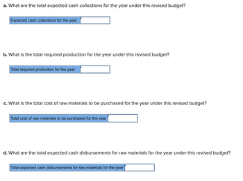 a. What are the total expected cash collections for the year under this revised budget?
Expected cash collections for the year
b. What is the total required production for the year under this revised budget?
Total required production for the year
c. What is the total cost of raw materials to be purchased for the year under this revised budget?
Total cost of raw materials to be purchased for the year
d. What are the total expected cash disbursements for raw materials for the year under this revised budget?
Total expected cash disbursements for raw materials for the year