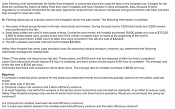 John Fleming, chief administrator for Valley View Hospital, is concerned about the costs for tests in the hospital's lab. Charges for lab
tests are consistently higher at Valley View than other hospitals and have resulted in many complaints. Also, because of strict
regulations on amounts reimbursed for lab tests, payments received from insurance companies and governmental units have not been
high enough to cover lab costs.
Mr. Fleming asked you to evaluate costs in the hospital's lab for the past month. The following information is available:
a. Two types of tests are performed in the lab-blood tests and smears. During the past month, 1,250 blood tests and 3,900 smears
were performed in the lab.
b. Small glass plates are used in both types of tests. During the past month, the hospital purchased 19,500 plates at a cost of $73,320.
2,900 of these plates were unused at the end of the month; no plates were on hand at the beginning of the month.
c. During the past month, 2,900 hours of labor time were recorded in the lab at a cost of $32,625.
d. The lab's variable overhead cost last month totaled $24,650.
Valley View Hospital has never used standard costs. By searching industry literature, however, you determined the following
nationwide averages for hospital labs:
Plates: Three plates are required per lab test. These plates cost $4.00 each and are disposed of after the test is completed.
Labor: Each blood test should require 0.8 hour to complete, and each smear should require 0.40 hour to complete. The average cost
of this lab time is $12.10 per hour.
Overhead: Overhead cost is based on direct labor-hours. The average rate for variable overhead is $8.00 per hour.
Required:
a materials price variance for the plates purchased last month and a materials quantity variance for the plates used last
1. Comp
month.
2. For labor cost in the lab:
a. Compute a labor rate variance and a labor efficiency variance.
b. In most hospitals, one-half of the workers in the lab are senior technicians and one-half are assistants. In an effort to reduce costs,
Valley View Hospital employs only one-fourth senior technicians and three-fourths assistants. Would you recommend this policy be
continued?
3-a. Compute the variable overhead rate and efficiency variances.
3-b. Is there any relation between the variable overhead efficiency variance and the labor efficiency variance?