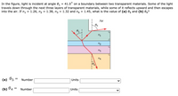 In the figure, light is incident at angle 0, = 41.0° on a boundary between two transparent materials. Some of the light
travels down through the next three layers of transparent materials, while some of it reflects upward and then escapes
into the air. If n1
1.26, n2 =
1.38, n3 = 1.32 and n4 =
1.45, what is the value of (a) 05 and (b) 04?
Air
ng
n4
(a) 65
Number
Units
(b) 84
Number
Units
