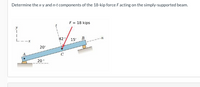 Determine the x-y and n-t components of the 18-kip force Facting on the simply-supported beam.
F = 18 kips
15
20'
20
in
