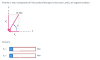 Find the x- and y-components of F. Be careful of the signs. In this case Fx and Fy are negative numbers.
18 kips
Answers:
Fx =
i
kips
Fy =
i
kips
