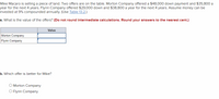 ### Land Sale Offers: Morton Company vs. Flynn Company

**Scenario:**
Mike Macaro is selling a piece of land. He has received two offers, each with different payment structures. Here's a detailed breakdown of the offers:

**Offers:**
1. **Morton Company**
   - Down payment: $48,000
   - Annual payment: $35,800 for the next 4 years

2. **Flynn Company**
   - Down payment: $29,000
   - Annual payment: $38,800 for the next 4 years

**Assumption:**
- Money can be invested at 9% compounded annually.
- Reference table: [Table 13.2]

### Questions:

**a. What is the value of these offers?**  
*(Do not round intermediate calculations. Round your answers to the nearest cent.)*

Below is the table for recording the computed values:

| Company           | Value        |
|-------------------|--------------|
| Morton Company    |              |
| Flynn Company     |              |

**b. Which offer is better for Mike?**
- Morton Company
- Flynn Company

**Graph/Diagram Explanation:**
The diagram provides a comparative table and visual for transcribing the offers’ values. Additionally, it outlines the option selection for determining the better financial offer for Mike based on computed values from the given interest rate and payment structures.