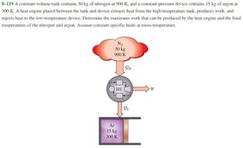 8-119 A constant-volume tank contains 30 kg of nitrogen at 900 K, and a constant-pressure device contains 15 kg of argon at
300 K. A heat engine placed between the tank and device extracts heat from the high-temperature tank, produces work, and
rejects heat to the low-temperature device. Determine the maximum work that can be produced by the heat engine and the final
temperatures of the nitrogen and argon. Assume constant specific heats at room temperature.
N₂
30 kg
900 K
HE
Ar
15 kg
300 K
QH
QL
W