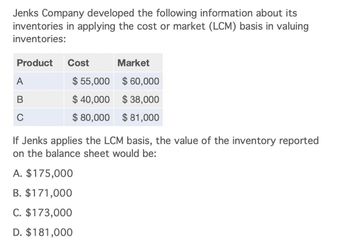 Jenks Company developed the following information about its
inventories in applying the cost or market (LCM) basis in valuing
inventories:
Product Cost
Market
A
B
C
$ 55,000
$ 60,000
$ 40,000 $38,000
$80,000 $81,000
If Jenks applies the LCM basis, the value of the inventory reported
on the balance sheet would be:
A. $175,000
B. $171,000
C. $173,000
D. $181,000