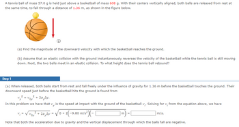 **Physics Simulation: Double Ball Drop**

**Introduction:**
A tennis ball of mass 57.0 g is held just above a basketball of mass 608 g. With their centers vertically aligned, both balls are released from rest at the same time, to fall through a distance of 1.36 m.

**Goal:**
(a) Calculate the magnitude of the downward velocity with which the basketball reaches the ground.

(b) Assume an elastic collision with the ground that instantly reverses the velocity of the basketball, while the tennis ball is still falling. Then, the two balls collide elastically in the air. Determine to what height the tennis ball rebounds.

---

**Step 1: Calculate Velocity Upon Impact**

**Procedure:**
(a) Upon release, both balls fall freely due to gravity for 1.36 m before the basketball touches the ground. The equation for downward speed just before the basketball hits the ground is:

\[ v_y^2 = v_{0y}^2 + 2a_y \Delta y. \]

- In this case, \( v_y \) is the speed at impact for the basketball.
- Solve for \( v_y \):

\[ v_i = \sqrt{v_{0y}^2 + 2a_y \Delta y} = \sqrt{0 + 2(-9.80 \, \text{m/s}^2)(-1.36 \, \text{m})} = \text{______} \, \text{m/s}. \]

**Note:**
Both the acceleration due to gravity and the vertical displacement are taken as negative.

**Diagram:**
The diagram shows a tennis ball positioned directly above a basketball, with arrows indicating the direction of the force of gravity acting on both balls as they fall towards the ground.