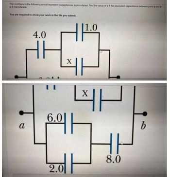 The numbers in the following circuit represent capacitances in microfarad. Find the value of x if the equivalent capacitance between point a and b
is 6 microtarads.
You are required to show your work in the file you submit.
a
4.0
6.0
바
X
2.0
1.0
바
X
8.0
b