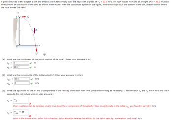 A person stands at the edge of a cliff and throws a rock horizontally over the edge with a speed of v = 23.0 m/s. The rock leaves his hand at a height of h = 43.0 m above
level ground at the bottom of the cliff, as shown in the figure. Note the coordinate system in the figure, where the origin is at the bottom of the cliff, directly below where
the rock leaves the hand.
Yo 43.0
(a) What are the coordinates of the initial position of the rock? (Enter your answers in m.)
Xo = 0
=
Voy
(b) What are the components of the initial velocity? (Enter your answers in m/s.)
Vox = 23.0
m/s
m/s
= 0
V x =
(c) Write the equations for the x- and y-components of the velocity of the rock with time. (Use the following as necessary: t. Assume that vand vare in m/s and t is in
seconds. Do not include units in your answers.)
Vy =
Fo
V
0
x
V
oy
X
If air resistance can be ignored, what's true about the x-component of the velocity? How does it relate to the initial vox you found in part (b)? m/s
- gt
X
What is the acceleration? What is its direction? What equation relates the velocity to the initial velocity, acceleration, and time? m/s