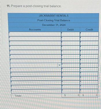 11. Prepare a post-closing trial balance.
Totals
JACKRABBIT RENTALS
Post-Closing Trial Balance
December 31, 2024
Accounts
$
SA
Debit
LA
0 $
Credit
O