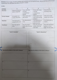 Direction: Draw images of Earth's rotation and revolution on the labelled boxes. Below each box, write at least
olla s lo rainwrs
three details that describes the effects of earth's motion. d b
ovol olgos A
RUBRIC
tod alss
4
ab no 3
2
CRITERA
Draw with few
Draw with many
Draw the no
Draw accurately to
what is required.
Accuracy
missingbne tow
missing
nmut accuracy at all.
components/no components/mbne niW
Sni details.
TOWomone
details.
There were one-
ar
There were more
Only one or two
Correct Answer
All answers are
correct. No error.
two errors
than three wrong
aswers are correct
answers
The illustration is
The illustration is
The illustration is
The illustration is
Neatness
exceptionally neat.
neat
neat but some
messy.
parts are not.
Pass the task two
Timeliness
Pass the task on
Pass the task a
Pass the task three
time.
week after the due
weeks after the
weeks or more
date.
due date.
after the due date.
"Earth's Rotation"
"Earth's Revolution"
d bosa
oVA
"Describe the effects of this Earth's Motion"
"Describe the effects of this Earth's Motion"
1.
1.
2.
2.
3.
3.
