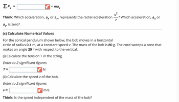 ΣFy
ayı
=
Think: Which acceleration, a, or a,, represents the radial acceleration
is zero?
= may
V=
(c) Calculate Numerical Values
For the conical pendulum shown below, the bob moves in a horizontal
circle of radius 0.1 m, at a constant speed v. The mass of the bob is 80 g. The cord sweeps a cone that
makes an angle 29 ° with respect to the vertical.
(i) Calculate the tension T in the string.
Enter to 2 significant figures
T=
✔N
(ii) Calculate the speed v of the bob.
Enter to 2 significant figures
m/s
Think: Is the speed independent of the mass of the bob?
✓2
-? Which acceleration, a, or