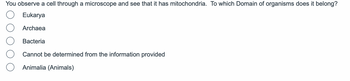 You observe a cell through a microscope and see that it has mitochondria. To which Domain of organisms does it belong?
Eukarya
Archaea
Bacteria
Cannot be determined from the information provided
Animalia (Animals)