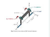 T = 2,250 N m
F = 28 kN
Ø = 55 mm
M, = 1,100 N-m
280 mm
Fig. 1. System of stress acting on OABC structural component
ww 009
