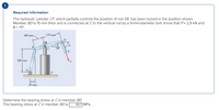 !
Required information
The hydraulic cylinder CF, which partially controls the position of rod DE, has been locked in the position shown.
Member BD is 15 mm thick and is connected at C to the vertical rod by a 9-mm-diameter bolt. Know that P= 2.9 kN and
e = 75°.
100 mm-
175 mnf
D
20°
200 mm
F
45 mm
Determine the bearing stress at Cin member BD.
The bearing stress at Cin member BD is
50.7 MPa.
